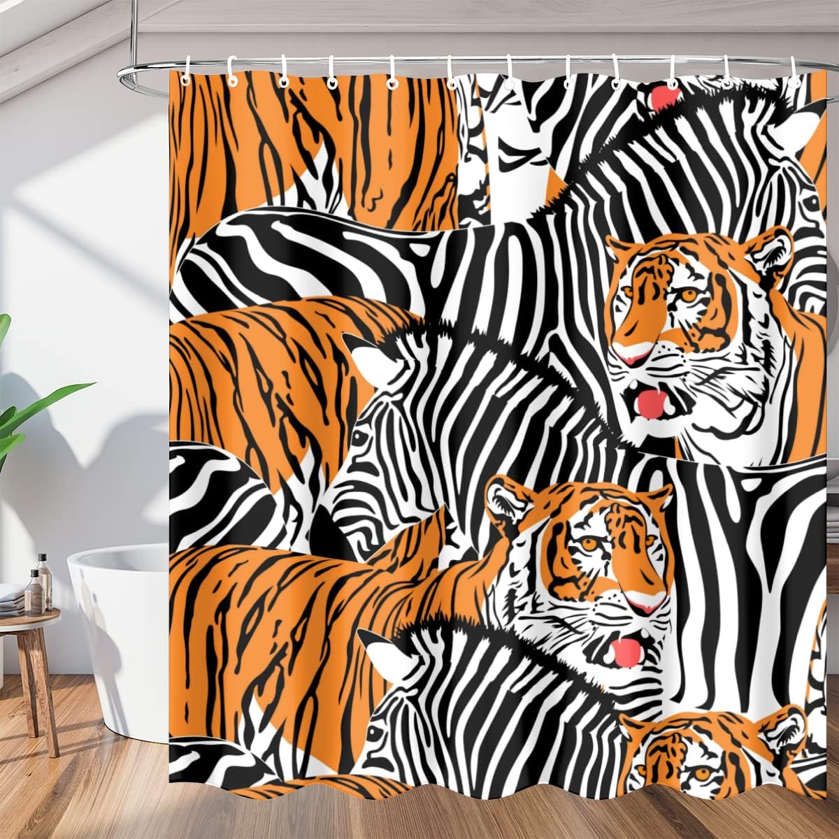 Tiger and Zebra Print Shower Curtain Animal Bathroom Decor Waterproof