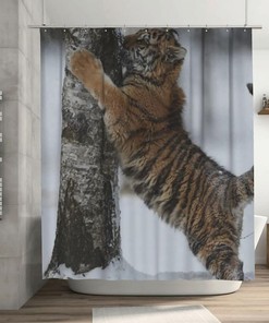 Tiger in Snow Forest Quick-Drying Shower Curtain Weighted Hem - Home Bathroom Decor 