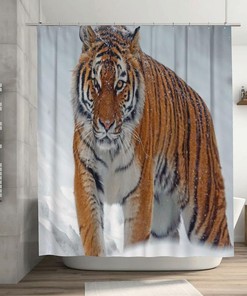 Tigers in Snow Field Snowflake Shower Curtain with Wildlife Design