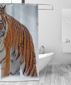 Tigers in Snow Field Snowflake Shower Curtain with Wildlife Design