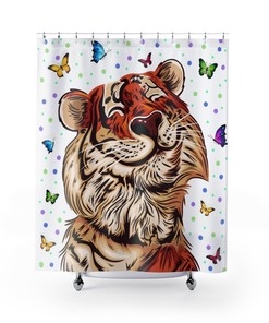 Tigre Takes a Bath with Beautiful Butterflies Shower Curtain