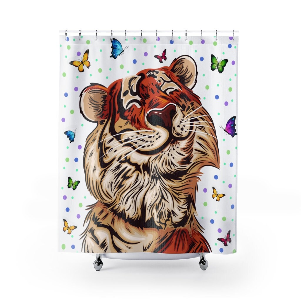 Tigre Takes a Bath with Beautiful Butterflies Shower Curtain