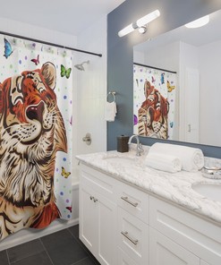 Tigre Takes a Bath with Beautiful Butterflies Shower Curtain