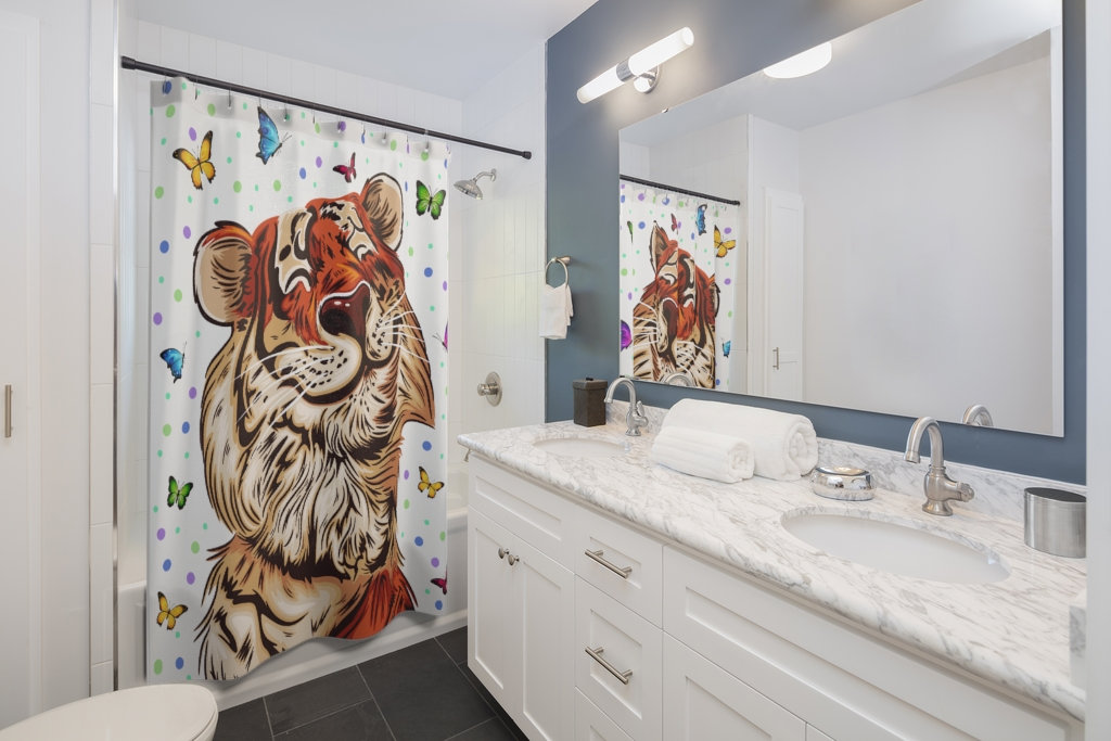 Tigre Takes a Bath with Beautiful Butterflies Shower Curtain
