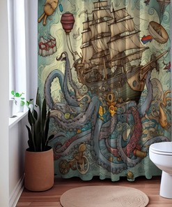 Timeless Voyage Nautical Shower Curtain, perfect Housewarming Gift with Ocean Octopus and Sailboat Theme 