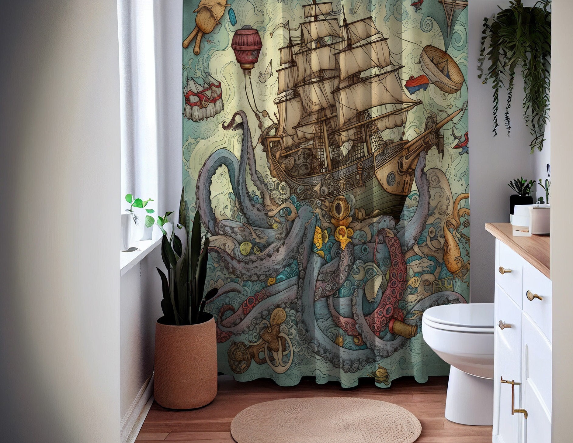 Timeless Voyage Nautical Shower Curtain, perfect Housewarming Gift with Ocean Octopus and Sailboat Theme