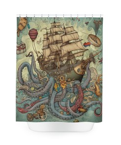 Timeless Voyage Nautical Shower Curtain, perfect Housewarming Gift with Ocean Octopus and Sailboat Theme