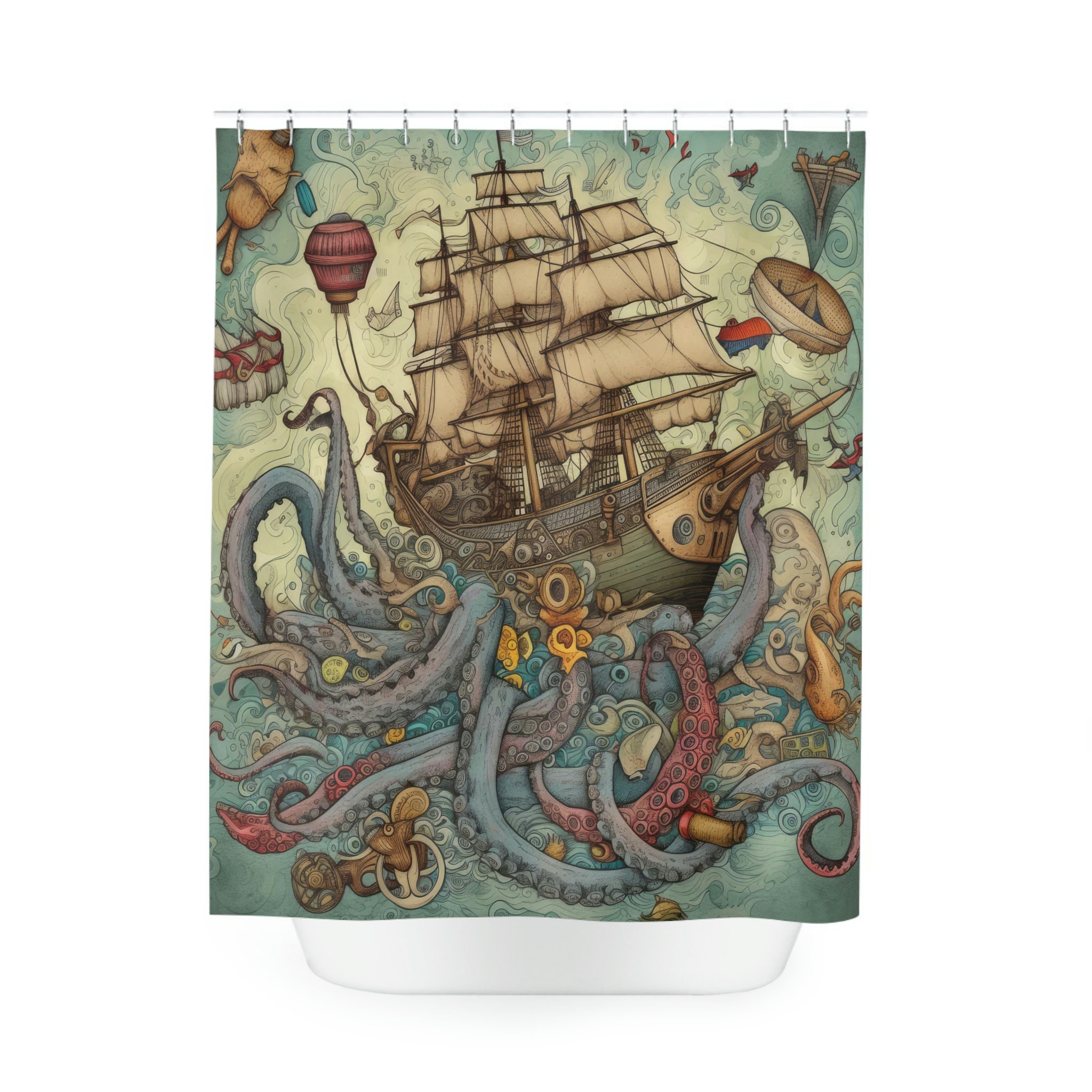 Timeless Voyage Nautical Shower Curtain, perfect Housewarming Gift with Ocean Octopus and Sailboat Theme