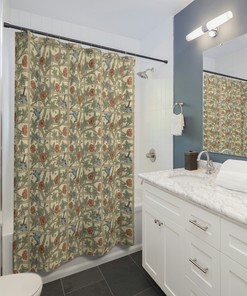 Timeless William Morris Trellis Shower Curtain, Green with Birds and Red Flowers, Elegant Bathroom Decor 