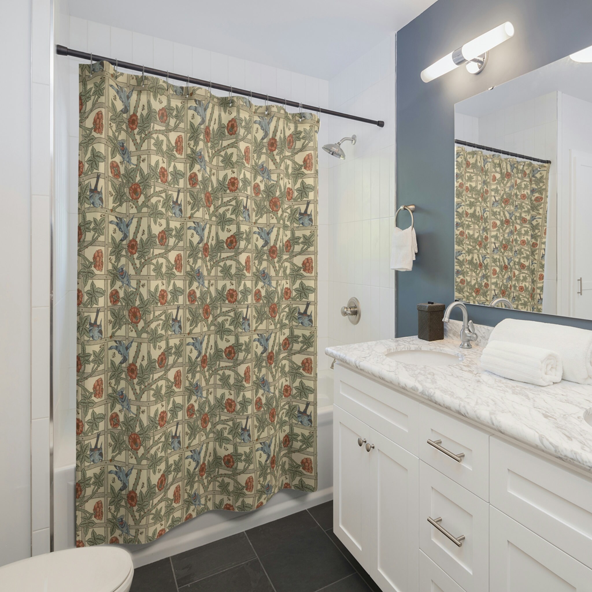Timeless William Morris Trellis Shower Curtain, Green with Birds and Red Flowers, Elegant Bathroom Decor