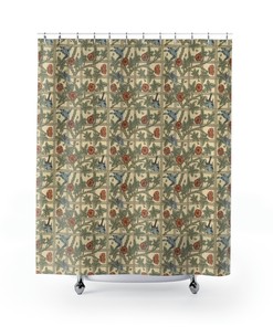 Timeless William Morris Trellis Shower Curtain, Green with Birds and Red Flowers, Elegant Bathroom Decor
