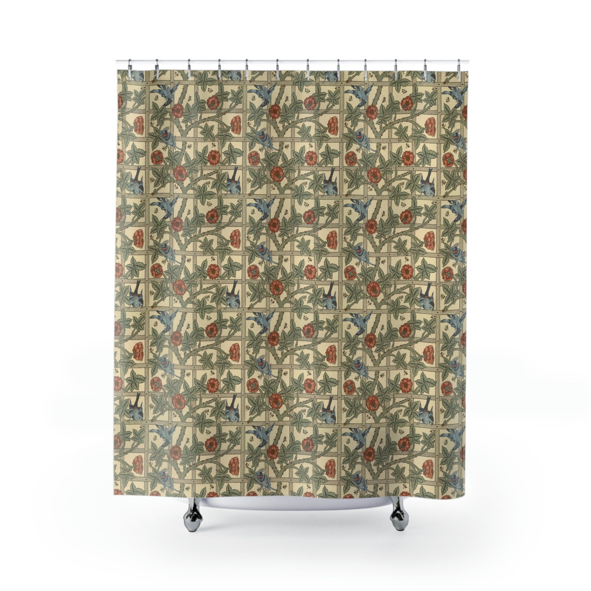 Timeless William Morris Trellis Shower Curtain, Green with Birds and Red Flowers, Elegant Bathroom Decor