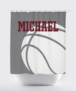 Titanium, Burgundy, And White Monogrammed Basketball Shower Curtain For Boys And Girls