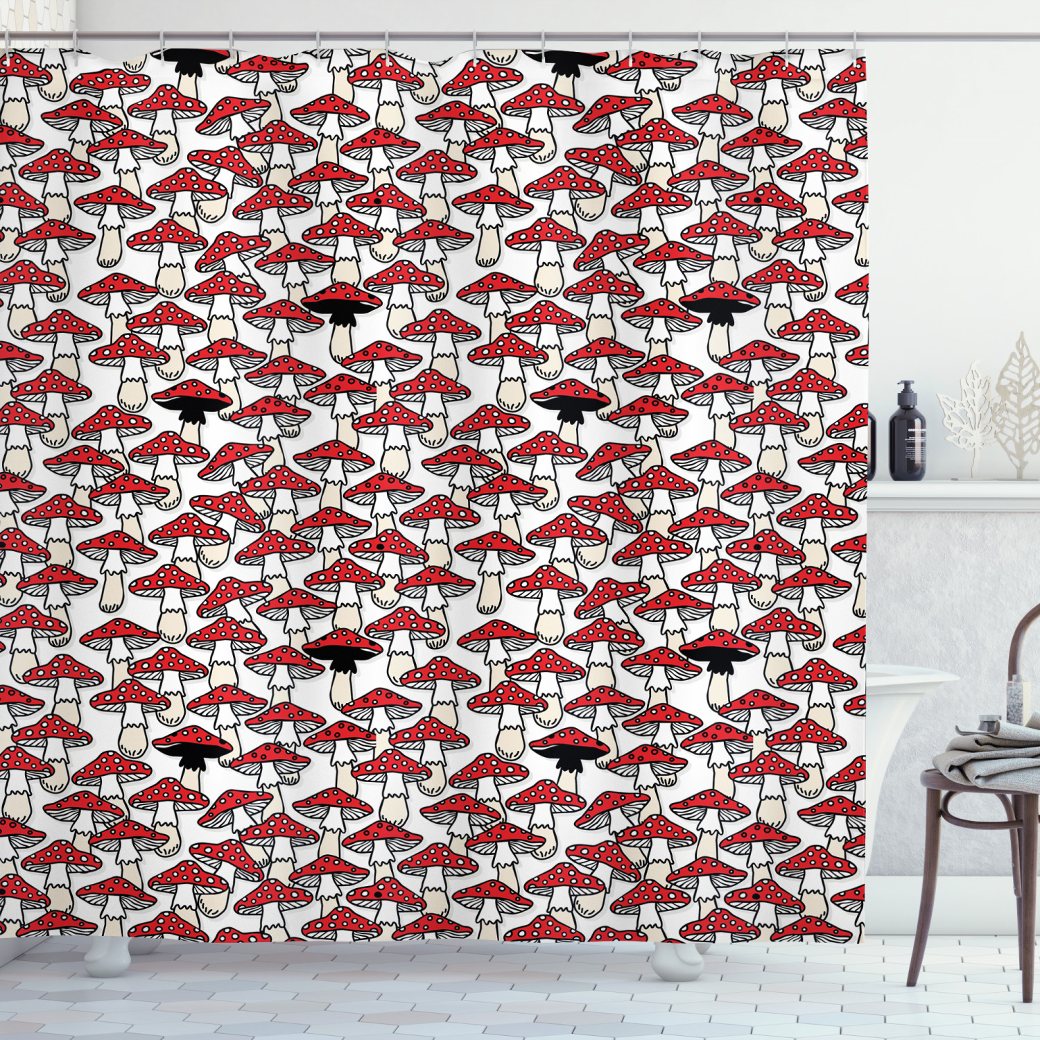 Toadstool Mushroom Print Red and White Shower Curtain for Bathroom