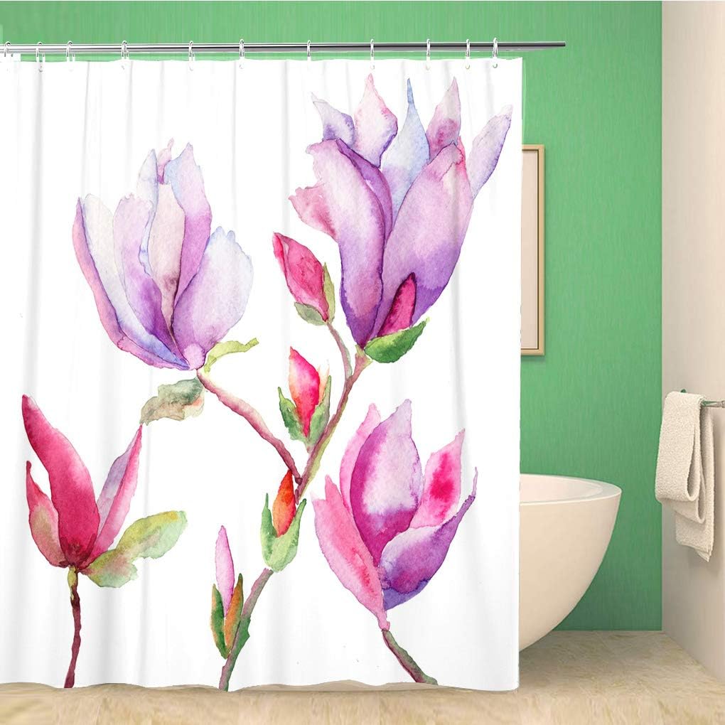 Topyee Beautiful Purple Magnolia Flowers Watercolor Shower Curtain with Painting on Flora Naturees
