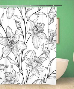 Topyee Black Floral Pattern Shower Curtain with Engraving Flourish Sketch for Bathroom Decor 