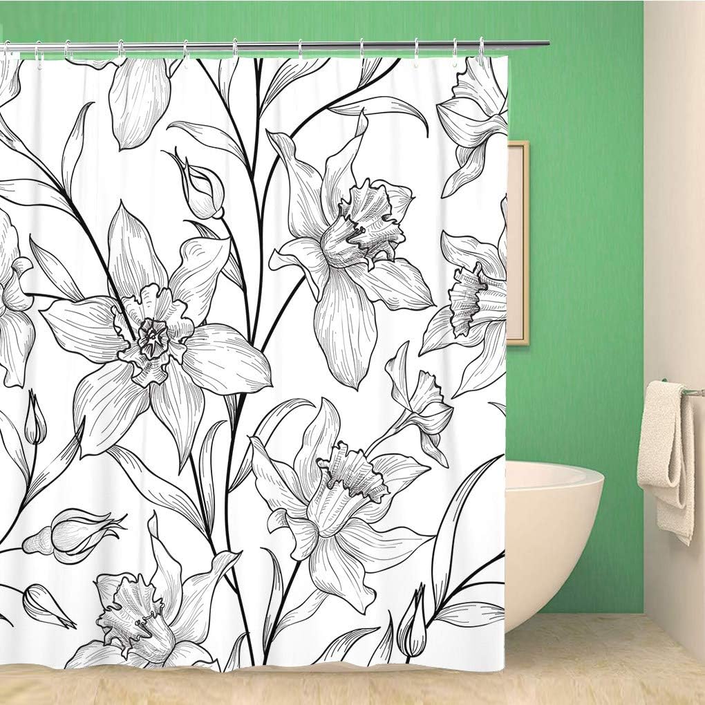 Topyee Black Floral Pattern Shower Curtain with Engraving Flourish Sketch for Bathroom Decor