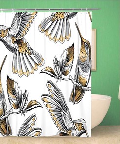 Topyee Hummingbirds, Bird, and Flower Pattern Shower Curtain in Silver and Gold for a Botanical Bathroom