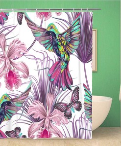 Topyee Hummingbirds Flying Palm Leaves and Tropical Flowers Orchides Shower Curtain for a Summer Bathroom
