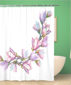Topyee Magnolia Garland Pattern Shower Curtain with Purple Flowers and Watercolor Paint for Abstract Bathroom Decor