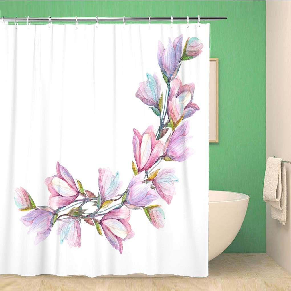 Topyee Magnolia Garland Pattern Shower Curtain with Purple Flowers and Watercolor Paint for Abstract Bathroom Decor