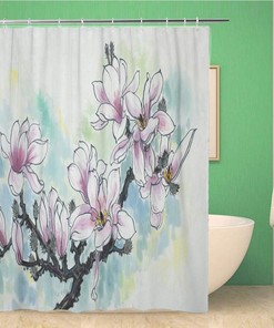 Topyee Pink Branch of Blossoming Magnolia Painted in Chinese Watercolor Shower Curtain for an Oriental Bathroom