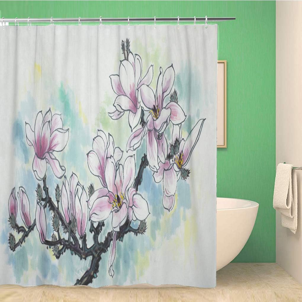 Topyee Pink Branch of Blossoming Magnolia Painted in Chinese Watercolor Shower Curtain for an Oriental Bathroom