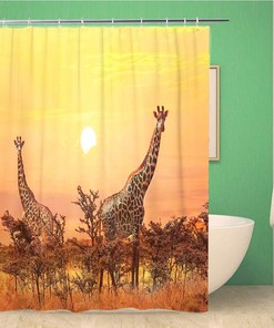 Topyee Red Kenyaes Pink Africa Shower Curtain with Group of Giraffes at Sunset