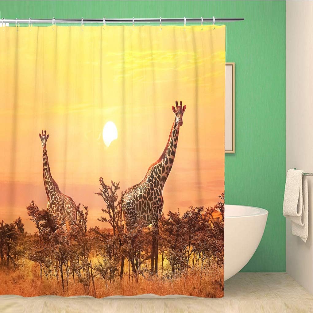 Topyee Red Kenyaes Pink Africa Shower Curtain with Group of Giraffes at Sunset