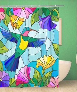 Topyee Stained Glass Colorful Hummingbird The Sky Greeneryes Shower Curtain for an Artsy Bathroom
