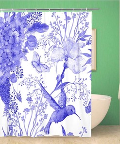 Topyee Watercolor Flowers Butterflies and Little Bird Hummingbird Pattern Bluees Shower Curtain for a Cute Bathroom