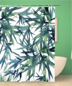 Topyee Watercolor and Ink Bamboo Leaves Pattern in Sumi E Shower Curtain - Waterproof Bathroom Decor with Asian Flair