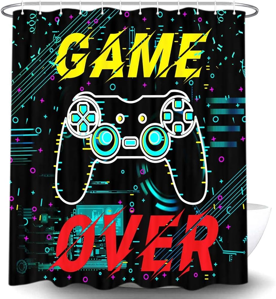 Torich Colorful Gamer Shower Curtain with Boys Games Bath Curtain, Novelty Gaming Controller for a Fun Bathroom