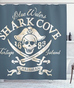 Tortuga Island Pirate Shower Curtain, Caribbean Waters Retro With Jolly Roger And Shark Cove