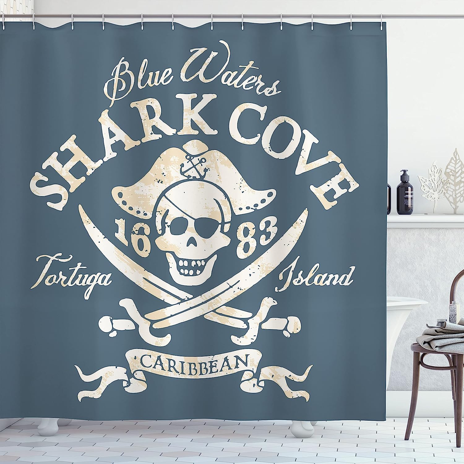 Tortuga Island Pirate Shower Curtain, Caribbean Waters Retro With Jolly Roger And Shark Cove