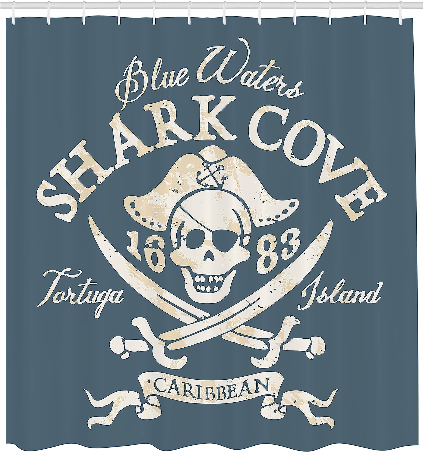 Tortuga Island Pirate Shower Curtain, Caribbean Waters Retro With Jolly Roger And Shark Cove - Image 2
