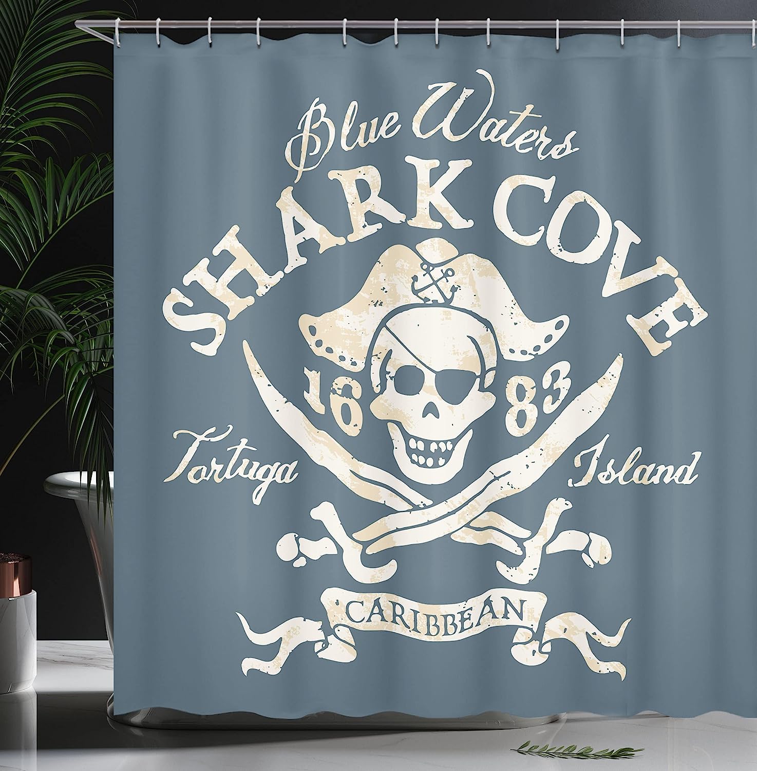 Tortuga Island Pirate Shower Curtain, Caribbean Waters Retro With Jolly Roger And Shark Cove - Image 3