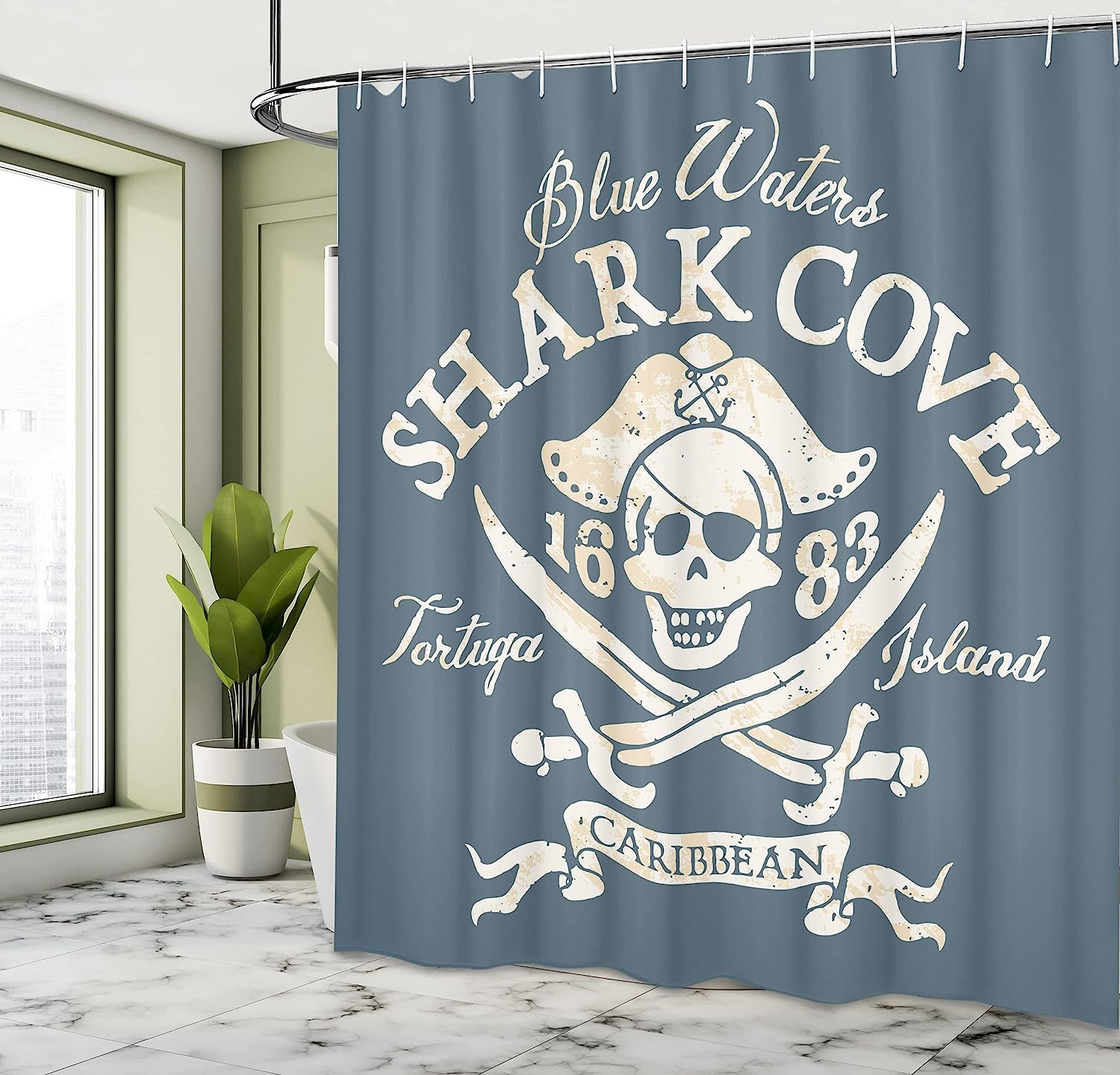 Tortuga Island Pirate Shower Curtain, Caribbean Waters Retro With Jolly Roger And Shark Cove - Image 4