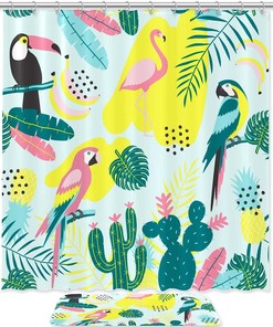 Toucan Flamingos Cactuses Shower Curtain - Waterproof Bathroom Decor with Tropical Animal and Plant Theme