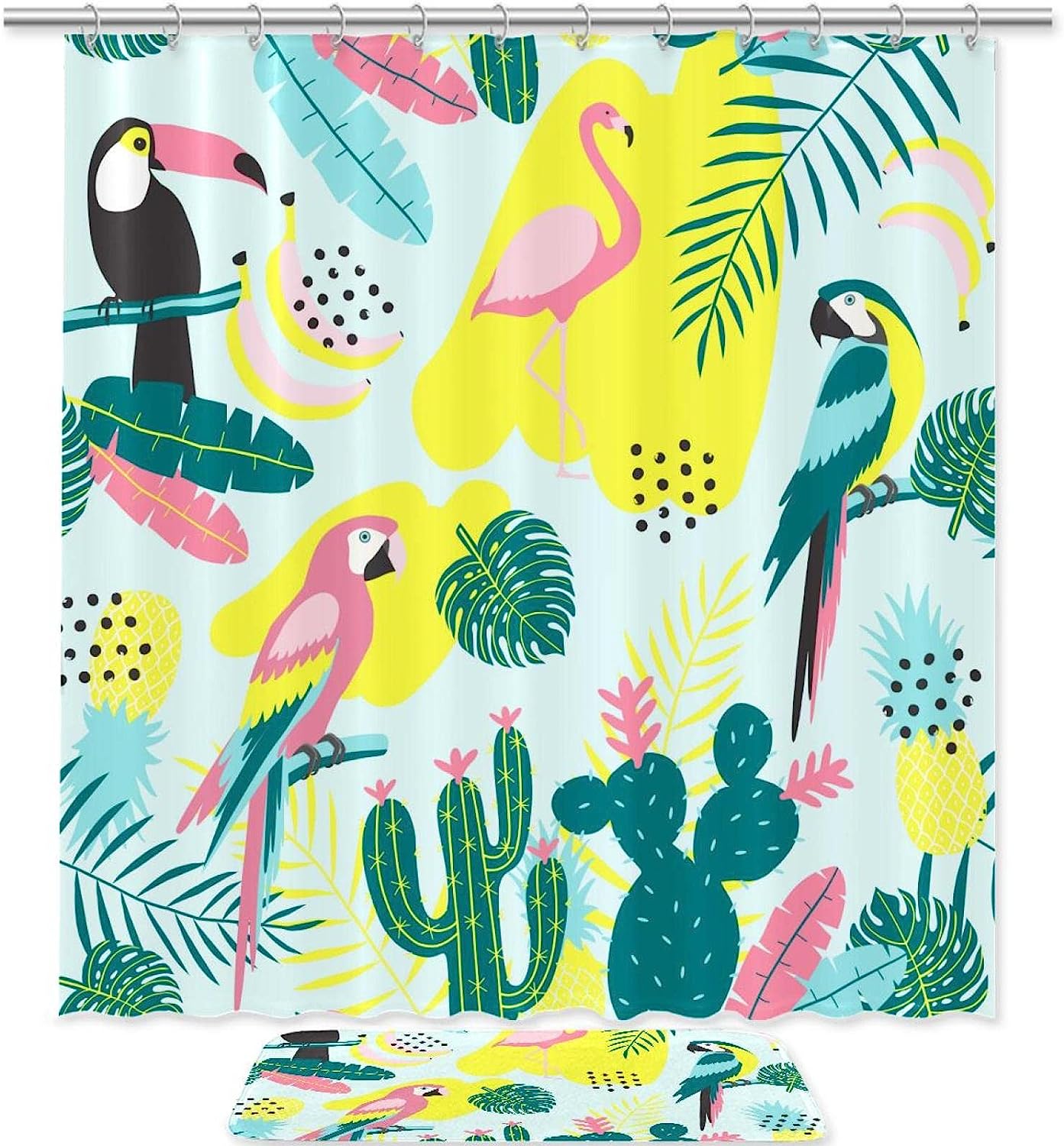 Toucan Flamingos Cactuses Shower Curtain - Waterproof Bathroom Decor with Tropical Animal and Plant Theme