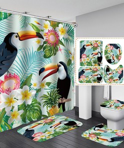 Toucan Garden Vintage Shower Curtain with Matching Toilet Mat