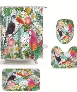 Toucan Plantain Leaf Palm Leaf Shower Curtain - Waterproof Bathroom Decor with Tropical Plant and Leaf Theme