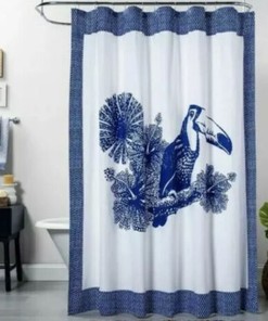 Toucan Tropical Blue and White Fabric Shower Curtain by OPALHOUSE