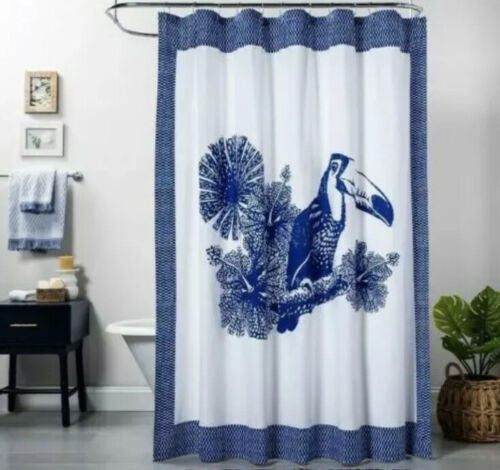 Toucan Tropical Blue and White Fabric Shower Curtain by OPALHOUSE