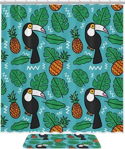 Toucans and Pineapples Tropical Leaves Design Shower Curtain, Waterproof Fabric Bathroom Curtain 