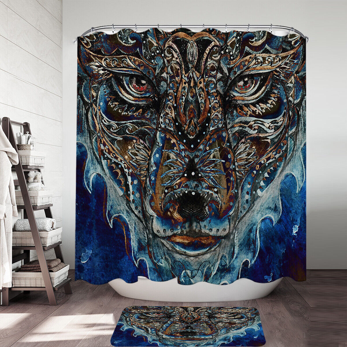 Tough Native American Wolf Painting Shower Curtain - Waterproof Bathroom Decor with Tribal Wolf Theme