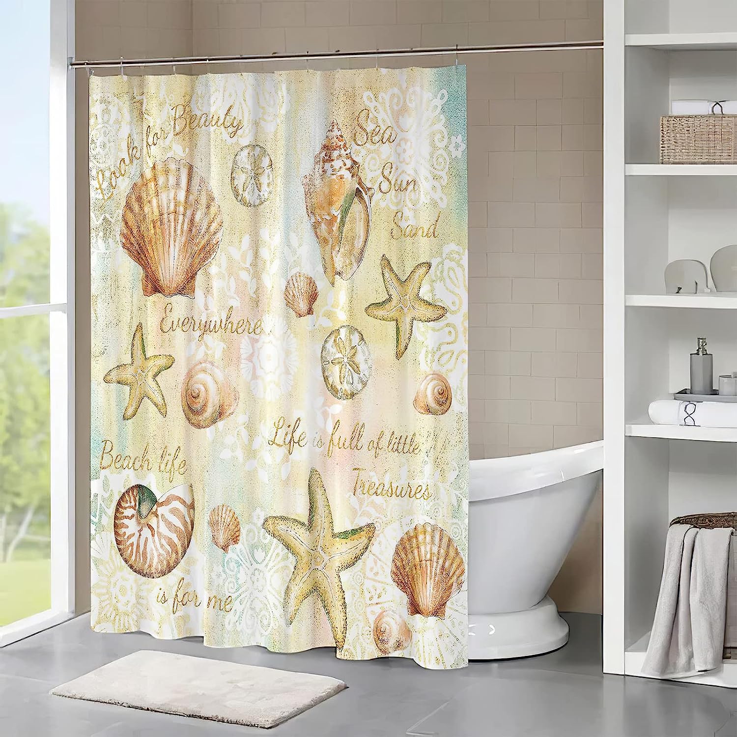 Tourrest Beach Seashell Shower Curtain - Waterproof Bathroom Decor with Ocean and Nautical Theme