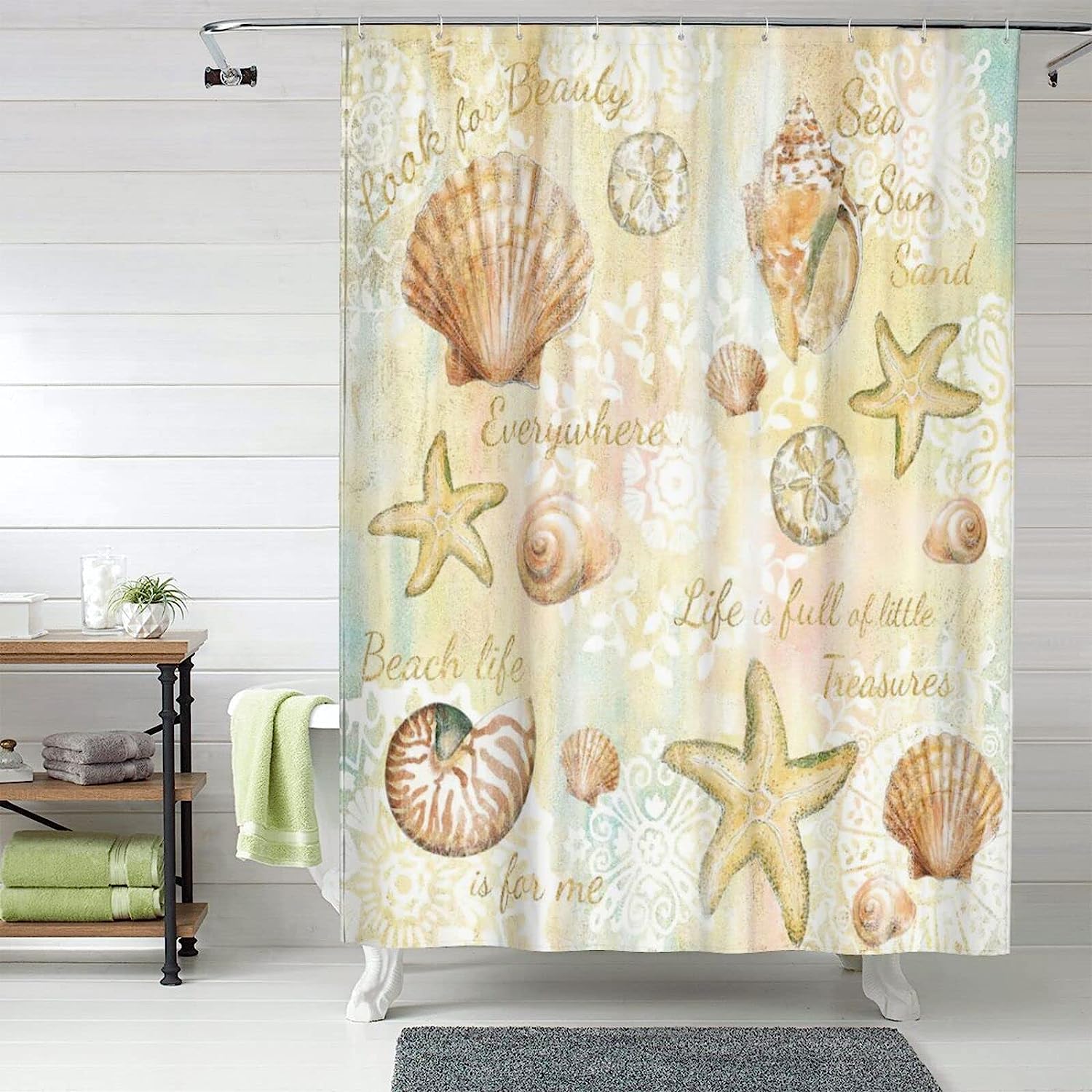 Tourrest Beach Seashell Shower Curtain - Waterproof Bathroom Decor with Ocean and Nautical Theme