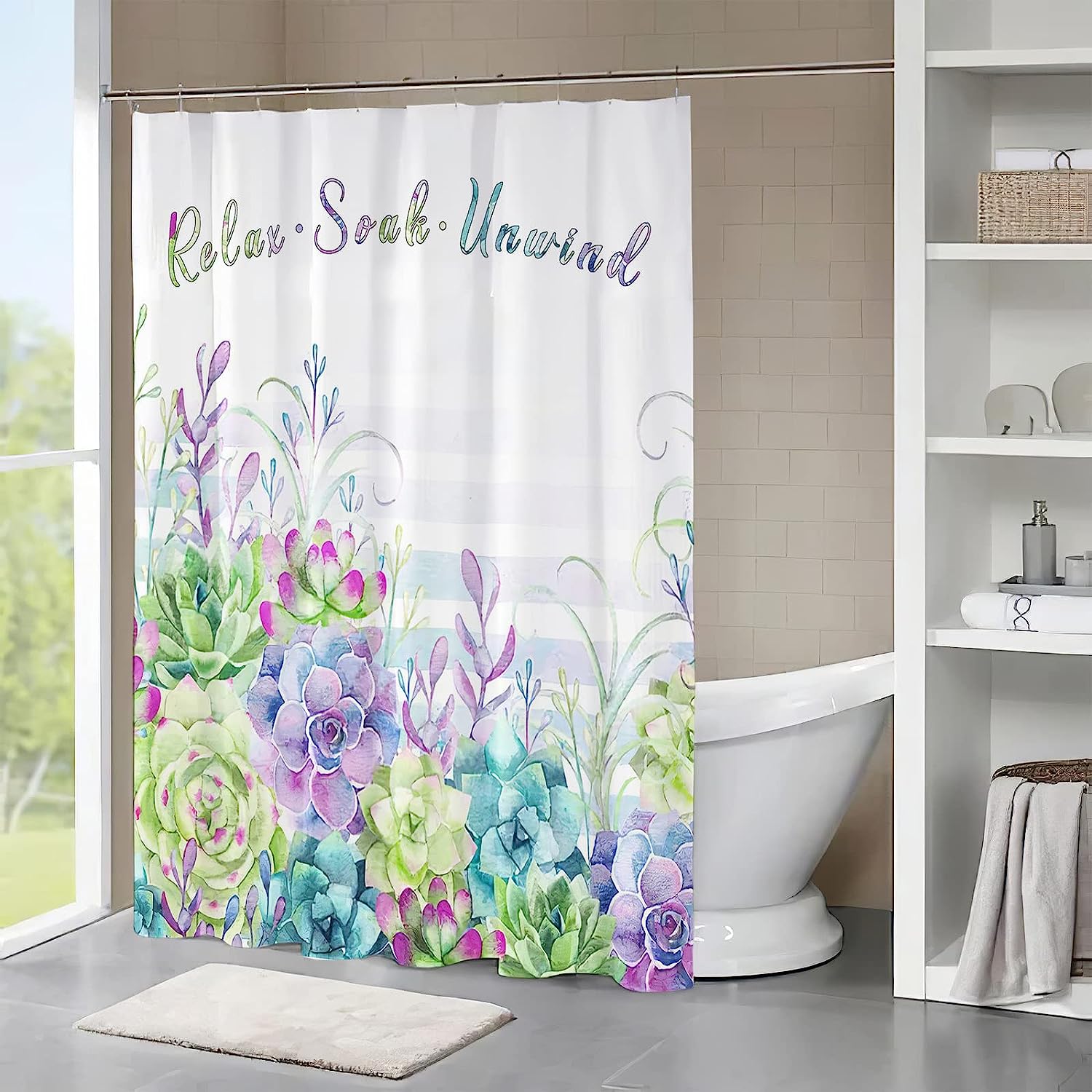 Tourrest Colorful Succulents Shower Curtain - Waterproof Bathroom Decor with Botanical Theme