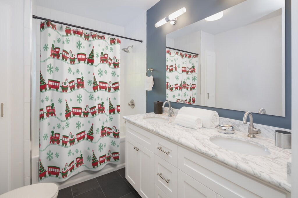Toy Train Set Shower Curtain For Kids' Festive Bathroom Decor - Image 2